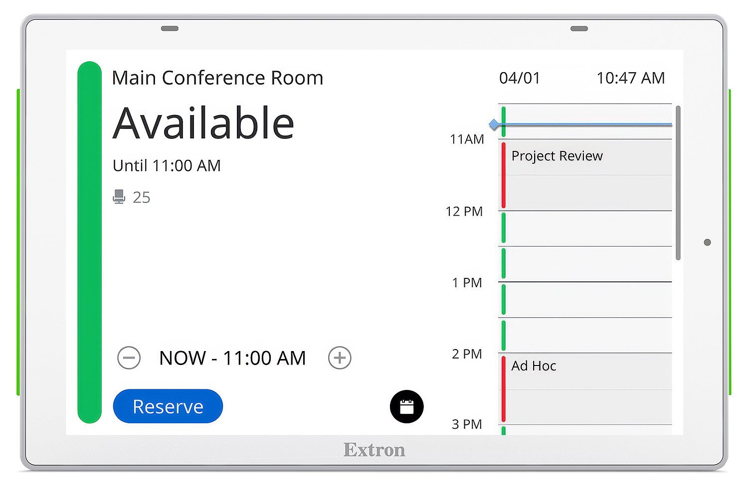 TLS 835M – White Finish - Scheduling Touchpanel<br>User Interface Shows Room is Currently Available to Reserve